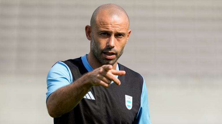 Argentina's head coach Javier Mascherano gestures, during a training session, a day ahead of a quarterfinal soccer match against France, at the 2024 Summer Olympics, Thursday, Aug. 1, 2024, in Bordeaux, France. (Moises Castillo/AP)