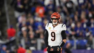 Cincinnati Bengals quarterback Joe Burrow (9) looks on between plays during the first half of an NFL football game against the Baltimore Ravens, Thursday, Nov. 7, 2024, in Baltimore. (Terrance Williams/AP Photo)