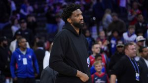 Philadelphia 76ers' Joel Embiid watches after an NBA basketball game, Saturday, Nov. 2, 2024, in Philadelphia. (Matt Slocum/AP Photo)