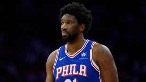 Philadelphia 76ers' Joel Embiid plays during Game 3 in an NBA basketball first-round playoff series, Thursday, April 25, 2024, in Philadelphia. (Matt Slocum/AP)