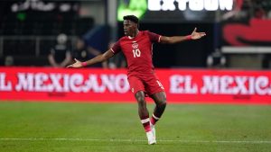 Canada forward Jonathan David reacts to play during an international friendly soccer match against Mexico Tuesday, Sept. 10, 2024, in Arlington, Texas. (AP/Tony Gutierrez)