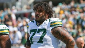 Green Bay Packers offensive tackle Jordan Morgan lines up on the sideline before an NFL game against the Jacksonville Jaguars, Sunday, Oct. 27, 2024, in Jacksonville, Fla. (Gary McCullough/AP)