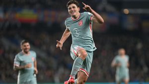 Atletico's Julian Alvarez celebrates after scoring the opening goal during the Champions League opening phase soccer match between between Sparta Prague and Athletico Madrid in Prague, Czech Republic, Tuesday, Nov. 26, 2024. (Michaela Rihova/CTK/AP)