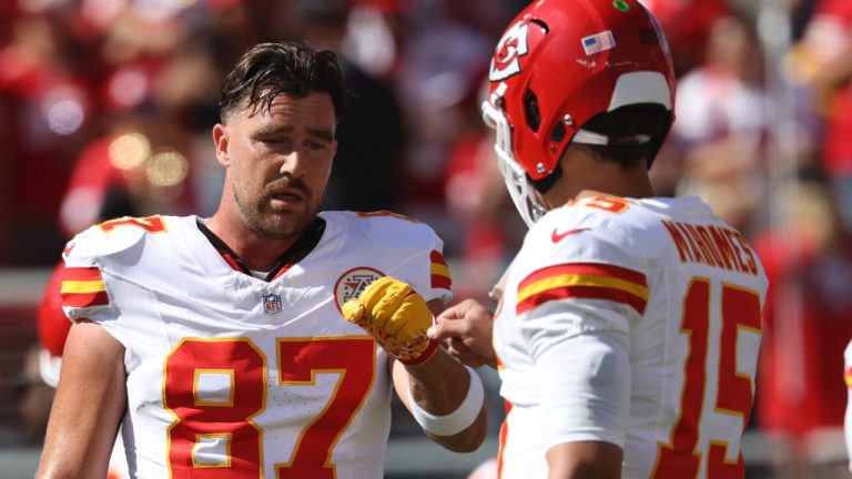 Kansas City Chiefs quarterback Patrick Mahomes (15) and Travis Kelce (87) warm up before an NFL football game against the San Francisco 49ers in Santa Clara, Calif., Sunday, Oct. 20, 2024. (Jed Jacobsohn/AP)