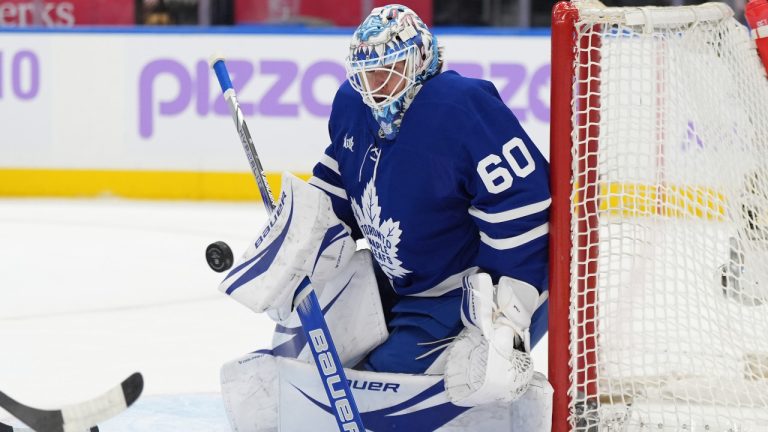 Toronto Maple Leafs goaltender Joseph Woll (60) makes a save during first period NHL hockey action against the Utah Hockey Club in Toronto, Sunday, Nov. 24, 2024. (Frank Gunn/CP)