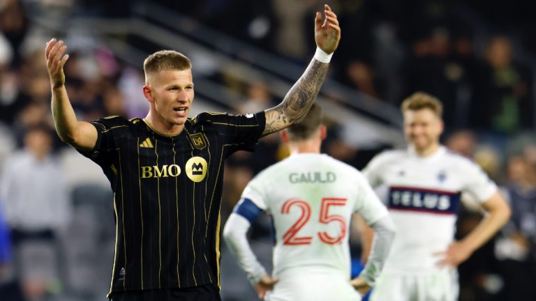 Los Angeles FC's Mateusz Bogusz celebrates after scoring during the second half of a first-round MLS Cup playoffs soccer match, Friday, Nov. 8, 2024, in Los Angeles. (Etienne Laurent/AP)