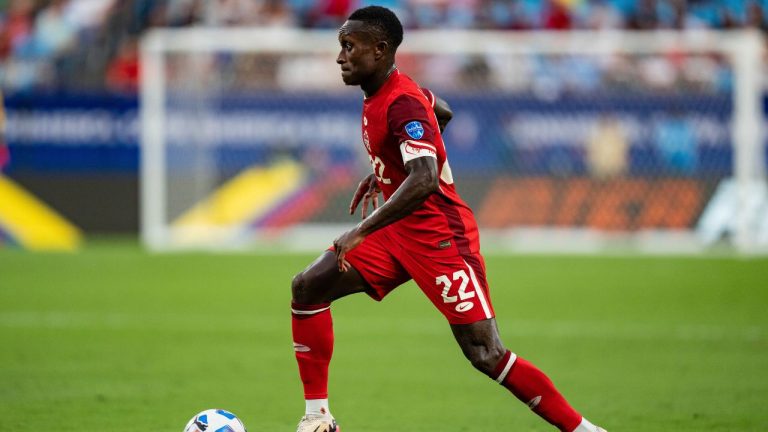 Canada midfielder Richie Laryea (22) plays against Uruguay during the Copa America third place soccer match in Charlotte, N.C., Saturday, July 13, 2024. (Jacob Kupferman/AP)