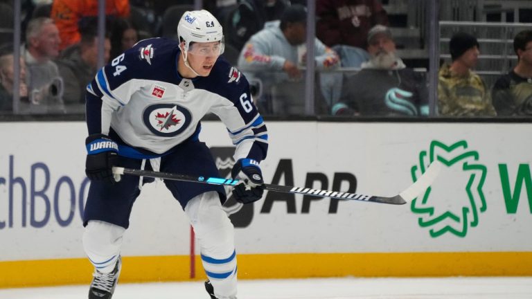 Winnipeg Jets defenceman Logan Stanley in action against the Seattle Kraken during the third period of an NHL hockey game Thursday, Oct. 24, 2024, in Seattle. (Lindsey Wasson/AP Photo)