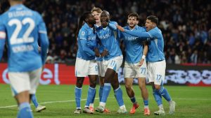 Napoli's Romelu Lukaku celebrates after scoring against Roma Sunday Nov. 24 , 2024. (Alessandro Garofalo/LaPresse via AP)