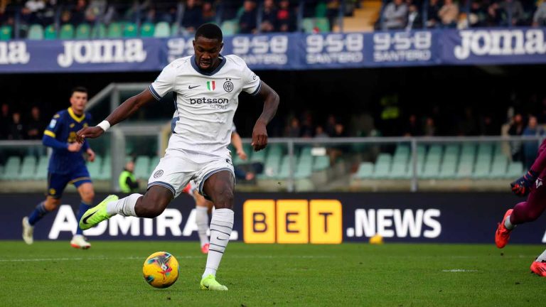 Inter Milan's Marcus Thuram scores during the Serie A soccer match between Hellas Verona and Inter Milan at the Marcantonio Bentegodi Stadium, in Verona. (Paola Garbuio/AP)