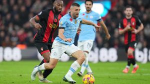 Manchester City's Mateo Kovacic, right, defends the ball from Bournemouth's Antoine Semenyo during the English Premier League soccer match between Bournemouth and Manchester City at the Vitality stadium in Bournemouth, England, Saturday, Nov. 2, 2024. (Kirsty Wigglesworth/AP)