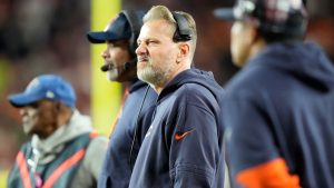 Chicago Bears head coach Matt Eberflus, second from right, watches from the sideline in the second half of an NFL football game against the Washington Commanders Sunday, Oct. 27, 2024, in Landover, Md. (AP Photo/Stephanie Scarbrough)