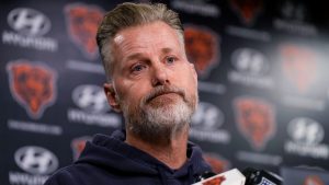 Chicago Bears head coach Matt Eberflus listens to reporters during an NFL football news conference at Halas Hall in Lake Forest, Ill., Wednesday, Nov. 13, 2024. (AP Photo/Nam Y. Huh)