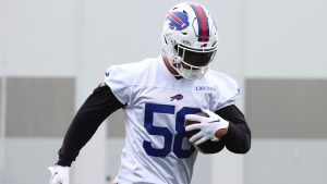 Buffalo Bills linebacker Matt Milano runs a drill during NFL practice in Orchard Park, N.Y., Tuesday, June 11, 2024. (AP/Jeffrey T. Barnes)