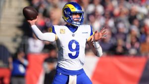 Los Angeles Rams quarterback Matthew Stafford throws during the first half of an NFL game, Sunday, Nov. 17, 2024, in Foxborough, Mass. (AP/Steven Senne)