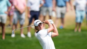 Maverick McNealy hits on the fairway on the seventh hole during the final round of the 3M Open golf tournament at the Tournament Players Club, Sunday, July 28, 2024, in Blaine, Minn. (AP/Charlie Neibergall)