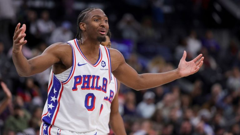 Philadelphia 76ers guard Tyrese Maxey reacts during the second half of an NBA basketball game against the Los Angeles Clippers, Wednesday, Nov. 6, 2024, in Inglewood, Calif. (Ryan Sun/AP Photo)