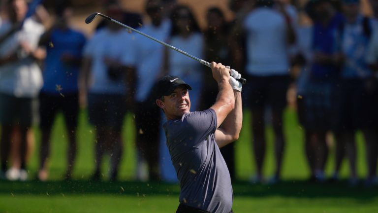 Rory McIlroy of Northern Ireland plays his second shot on the 2nd hole during the second round of World Tour Golf Championship in Dubai, United Arab Emirates, Friday, Nov. 15, 2024. (Altaf Qadri/AP)