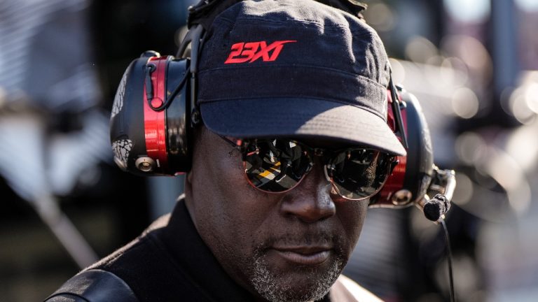  23XI Racing co-owner Michael Jordan stands in the pit area during a NASCAR Cup Series auto race at Talladega Superspeedway, Sunday, April 21, 2024, in Talladega. Ala. (AP Photo/Mike Stewart, File)