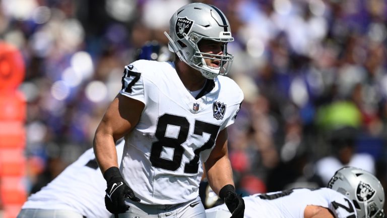 Las Vegas Raiders tight end Michael Mayer in action during the first half of an NFL game against the Baltimore Ravens, Sunday, Sept. 15, 2024, in Baltimore. (AP)