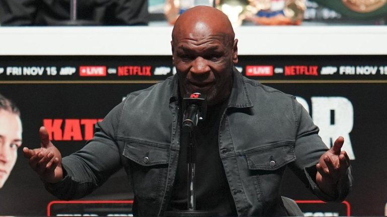 Mike Tyson speaks during a news conference ahead of his fight against Jake Paul, Wednesday, Nov. 13, 2024, in Irving, Texas. (Julio Cortez/AP)
