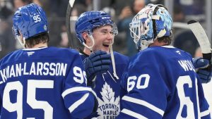 Toronto Maple Leafs' Fraser Minten (39) congratulates Toronto Maple Leafs' goaltender Joseph Woll after their team's 3-0 win over Vegas Golden Knights in NHL hockey action in Toronto, on Wednesday, November 20, 2024. (Chris Young/CP)