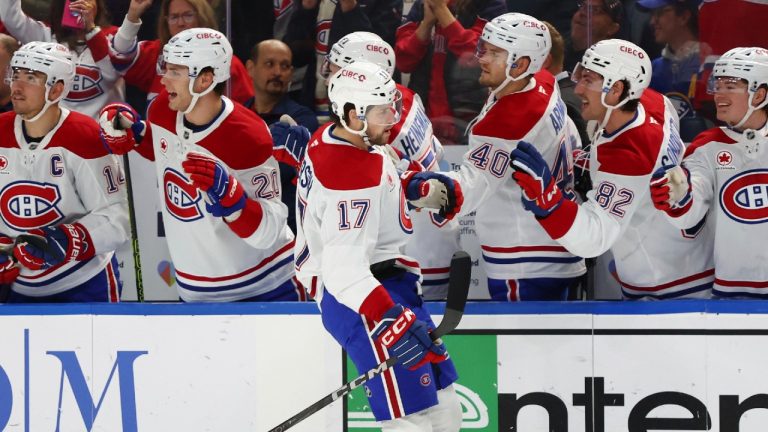 Montreal Canadiens right wing Josh Anderson (17) celebrates his goal during the first period of an NHL hockey game against the Buffalo Sabres Monday, Nov. 11, 2024, in Buffalo, N.Y. (Jeffrey T. Barnes/AP)