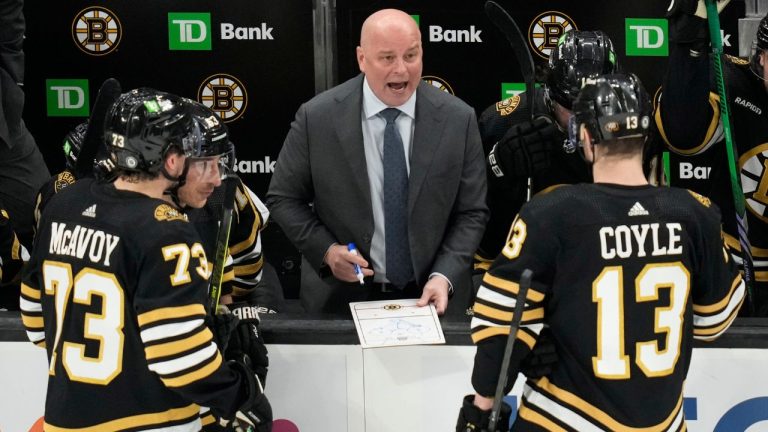 Boston Bruins coach Jim Montgomery discusses a play during the third period of the team's NHL hockey game against the Ottawa Senators, Tuesday, April 16, 2024, in Boston. (Charles Krupa/AP)