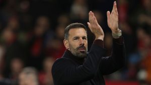 Manchester United's head coach Ruud van Nistelrooy applauds after the Premier League soccer match between Manchester United and Chelsea at Old Trafford stadium in Manchester, England, Sunday, Nov. 3, 2024. (Ian Hodgson/AP)