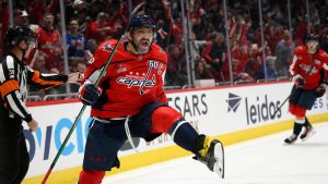 Washington Capitals left wing Alex Ovechkin celebrates his second goal of the game during the first period of an NHL hockey game against the New York Rangers, Tuesday, Oct. 29, 2024, in Washington. (Nick Wass/AP)