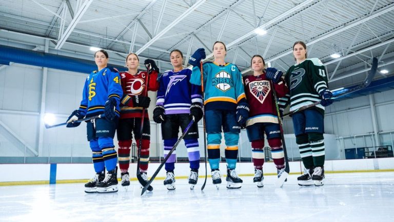 Toronto Sceptres' Blayre Turnbull, left to right, Ottawa Charge's Brianne Jenner, Minnesota Frost's Sophie Jaques, New York Sirens' Micah Zandee-Hart, Montreal Victoire's Cayla Barnes and Boston Fleet's Alina Mueller pose with the each team's new PWHL hockey jersey in an Oct. 29, 2024, handout photo. (HO-PWHL/CP Photo)
