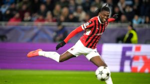 AC Milan's Rafael Leao scores the second goal against Slovan Bratislava during the Champions League opening phase soccer match between Slovan Bratislava and AC Milan in Bratislava, Slovakia, on Tuesday, Nov. 26, 2024. (Petr David Josek/AP)