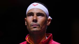 Spain's tennis player Rafael Nadal during the national anthem ahead of a Davis Cup quarterfinal match against Netherlands' Botic Van De Zandschulp at Martin Carpena Sports Hall in Malaga, southern Spain, on Tuesday, Nov. 19, 2024. (AP/Manu Fernandez)