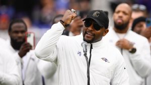 Former Baltimore Ravens linebacker Ray Lewis speaks to the crowd during a ceremony to make the Ravens' 2012 Super Bowl victory during halftime of an NFL game against the Cleveland Browns, Sunday, Oct. 23, 2022, in Baltimore. (AP/Nick Wass)