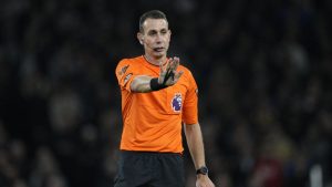 Referee David Coote reacts during the English Premier League soccer match between Tottenham Hotspur and Brighton and Brentford, at White Hart Lane Stadium in London, England, Wednesday , Jan 31, 2024. (Dave Shopland/AP Photo)