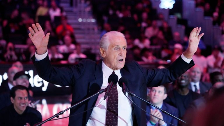 The Miami Heat president Pat Riley speaks during a halftime ceremony to commemorate the start of Riley's 30th season with the franchise, as the Heat unveiled the Pat Riley Court during an NBA basketball game between the Heat and the Orlando Magic, Wednesday, Oct. 23, 2024, in Miami. (Wilfredo Lee/AP)