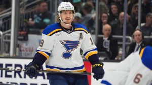 St. Louis Blues centre Robert Thomas in action against the Seattle Kraken during the second period of an NHL game Tuesday, Oct. 8, 2024, in Seattle. (AP/Lindsey Wasson)