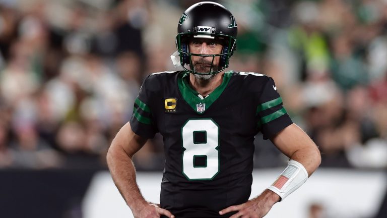 New York Jets quarterback Aaron Rodgers reacts during an NFL game against the Houston Texans Thursday, Oct. 31, 2024, in East Rutherford, N.J. (AP/Adam Hunger)