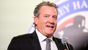 Jeremy Roenick gives remarks as he’s inducted into the Hall alongside the 2024 class, in Toronto, Friday, Nov. 8, 2024. (Christopher Katsarov/AP)