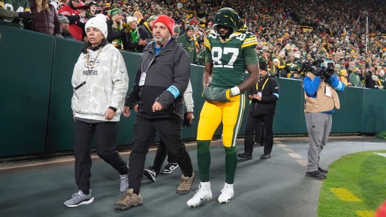 Green Bay Packers wide receiver Romeo Doubs (87) walks off the field after an injury during the second half of an NFL game against the San Francisco 49ers on Sunday, Nov. 24, 2024 in Green Bay, Wis. (AP/Morry Gash)