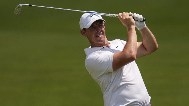 Rory McIlroy, of Northern Ireland, hits out of the seventh fairway during the second round of the Tour Championship golf tournament, Friday, Aug. 30, 2024, in Atlanta. (Mike Stewart/AP Photo)
