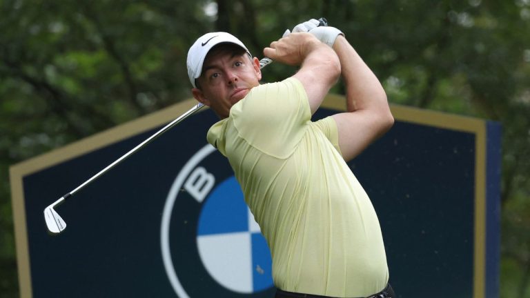 Rory McIlroy, of Northern Ireland, plays off the 5th tee during the final round of the British PGA golf Championship in Wentworth, England, Sunday, Sept. 22, 2024. (Ian Walton/AP Photo)