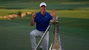 Rory McIlroy of Northern Ireland poses with the DP World Tour Championship trophy on Sunday, Nov. 17, 2024. (Altaf Qadri/AP)