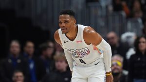 Denver Nuggets guard Russell Westbrook (4) in the second half of an NBA basketball game Monday, Nov. 25, 2024, in Denver. (David Zalubowski/AP)