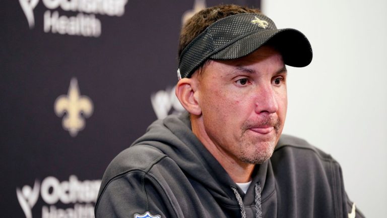 New Orleans Saints head coach Dennis Allen speaks during a news conference after loss against the Carolina Panthers in an NFL football game Sunday, Nov. 3, 2024, in Charlotte, N.C. (Rusty Jones/AP Photo)