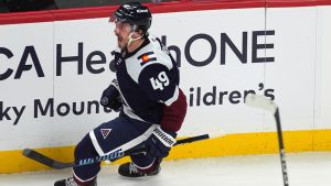 Colorado Avalanche defenseman Samuel Girard reacts after scoring the winning goal in overtime of an NHL game against the Nashville Predators, Monday, Nov. 11, 2024, in Denver. (AP)