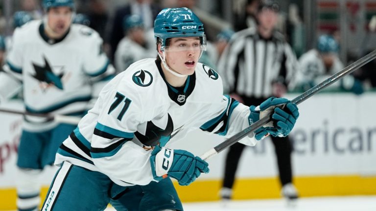 San Jose Sharks center Macklin Celebrini follows play against the Dallas Stars during an NHL hockey game in Dallas, Wednesday, Nov. 20, 2024. (Tony Gutierrez/AP)