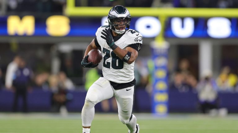 Philadelphia Eagles running back Saquon Barkley (26) runs against the Los Angeles Rams during the second half of an NFL football game in Inglewood, Calif., Sunday, Nov. 24, 2024. (Ryan Sun/AP)