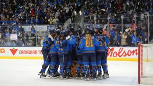 Toronto Sceptres teammates celebrate their win over the Boston Fleet after PWHL hockey action in Toronto on Saturday, Nov. 30, 2024. (Frank Gunn/CP)