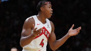 Toronto Raptors forward Scottie Barnes (4) reacts after a teammate was called for a foul during the first half of an Emirates NBA Cup basketball game against the Miami Heat, Friday, Nov. 29, 2024, in Miami. (Lynne Sladky/AP)